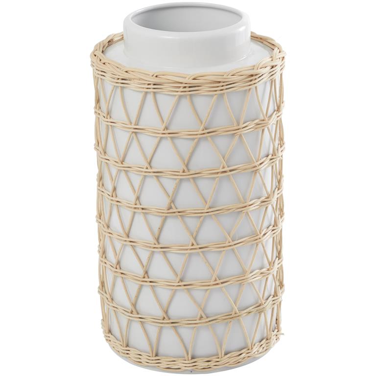 White Vase with Woven Rattan Exterior