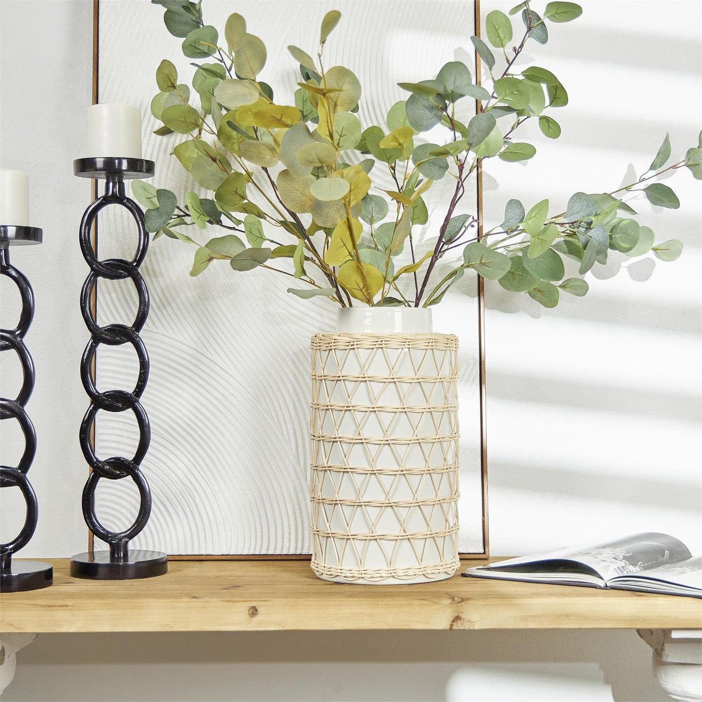 White Vase with Woven Rattan Exterior