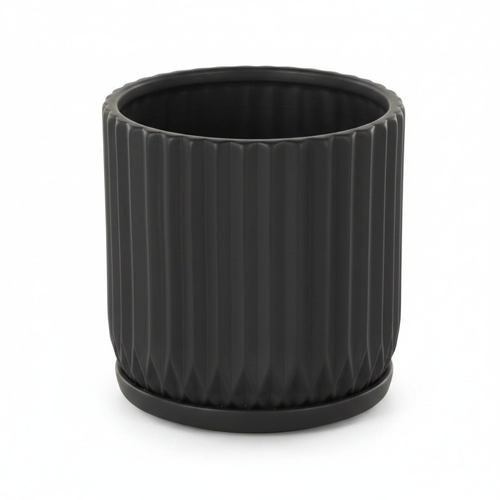 Black Ribbed Planter w/ Saucer