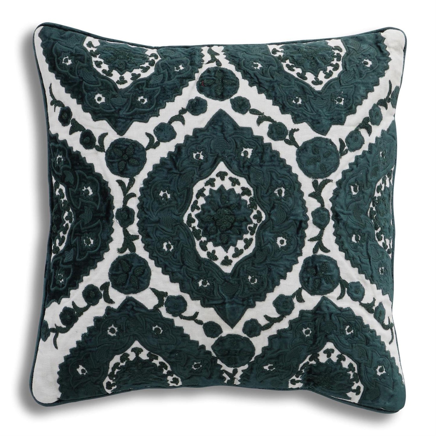 Green Velvet & Linen Embroidered Pillow