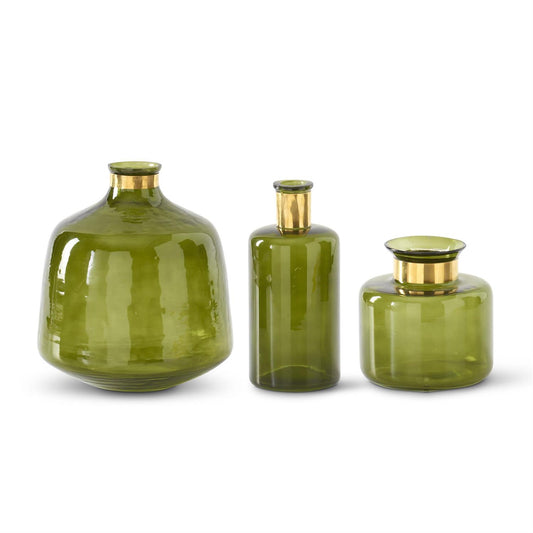 Green Glass Vase w/ Gold Fittings (Various Sizes)