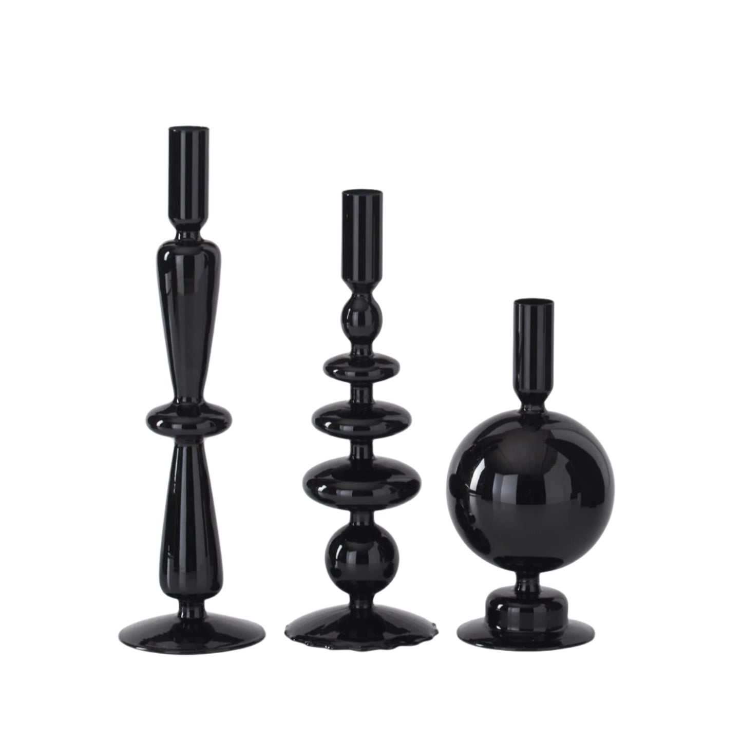 Black Glass Taper Candleholders, Set of 3