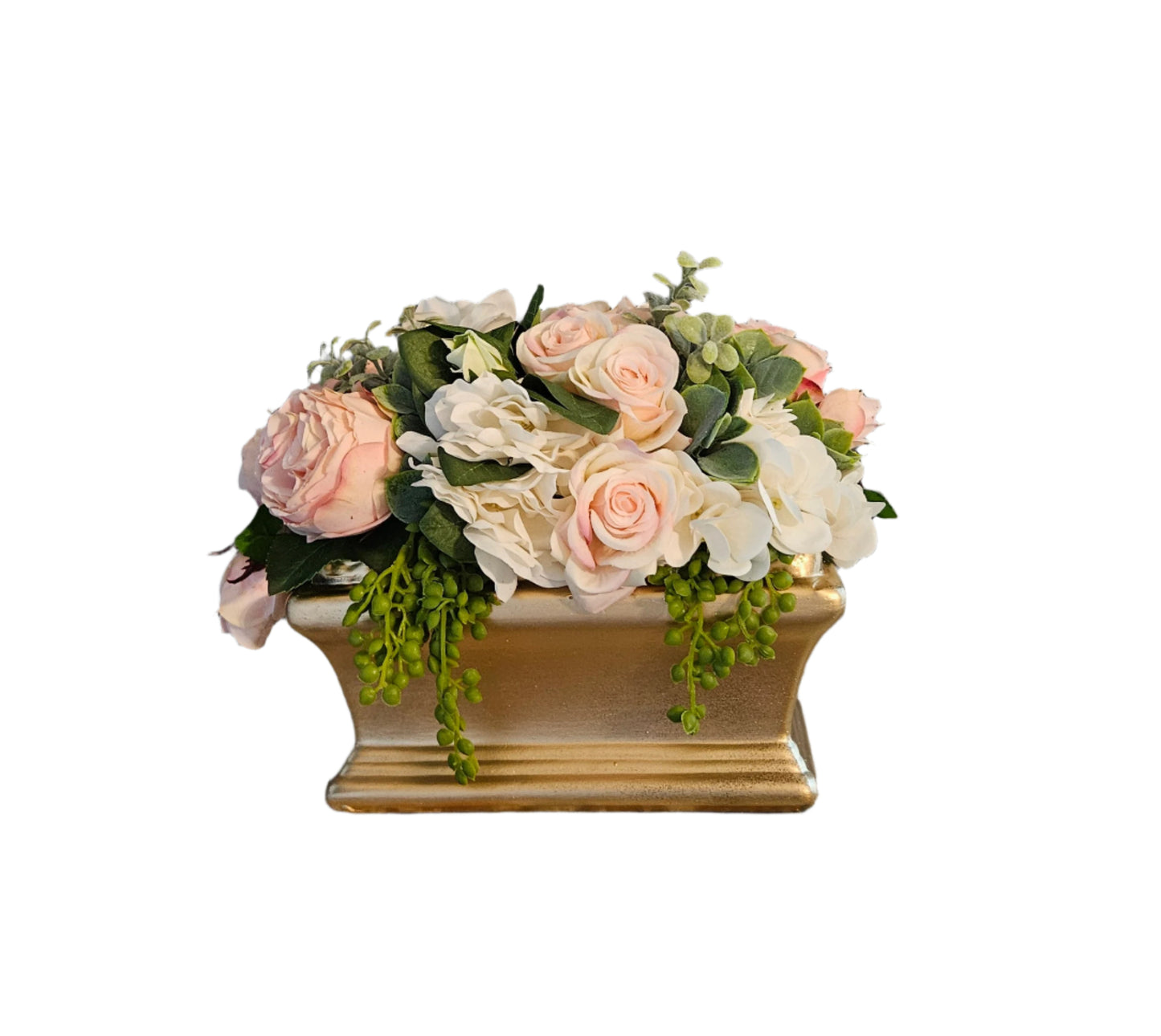 Pink Roses in Gold Container