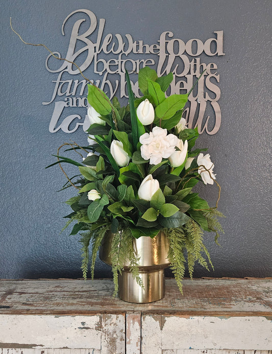 Gold Pedestal Arrangement with Lemon Leaf