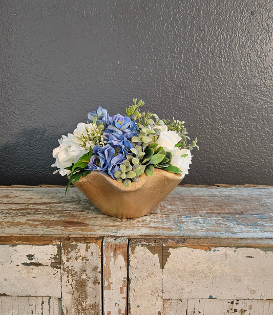 Blue And Cream Arrangement In Gold Scalloped Bowl