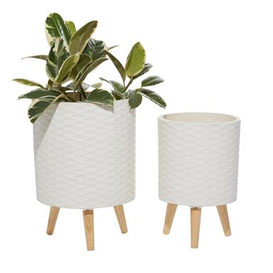 White Ceramic Planter with Wood Legs (Various Sizes)