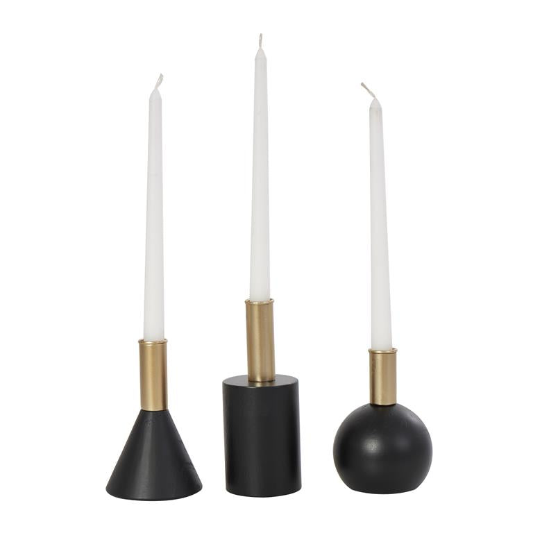 Black Wood Geometric Candleholders, Set of 3