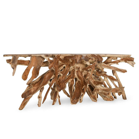 Driftwood console table on a white background
