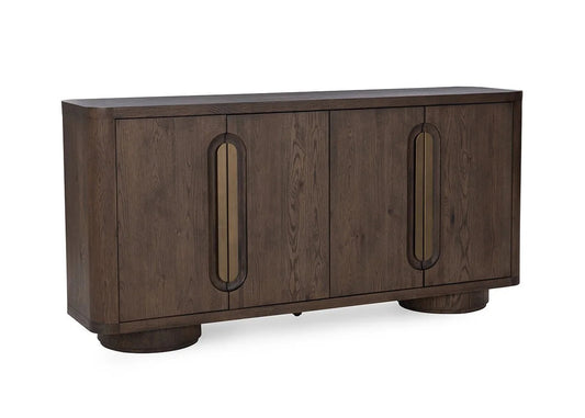 Wooden sideboard with curved design on a white background