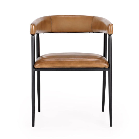 Brown leather chair with black legs on a white background