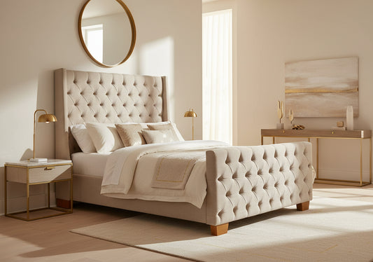 Beige tufted bed with white bedding on a white background