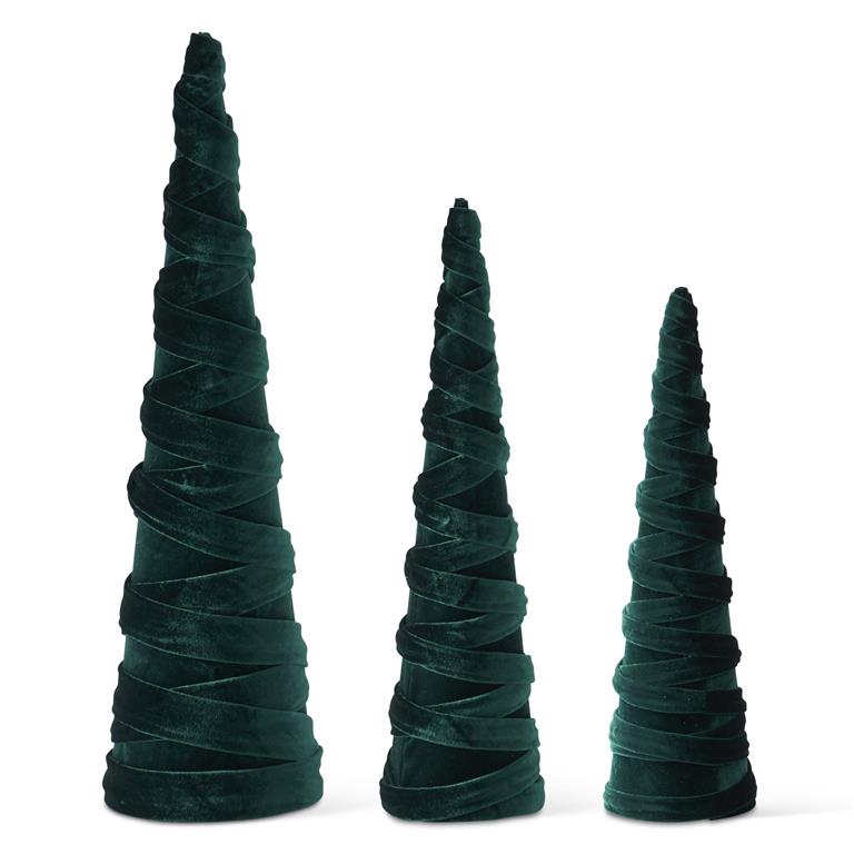 Set of 3 Dark Green Velvet Spiraled Cone Trees