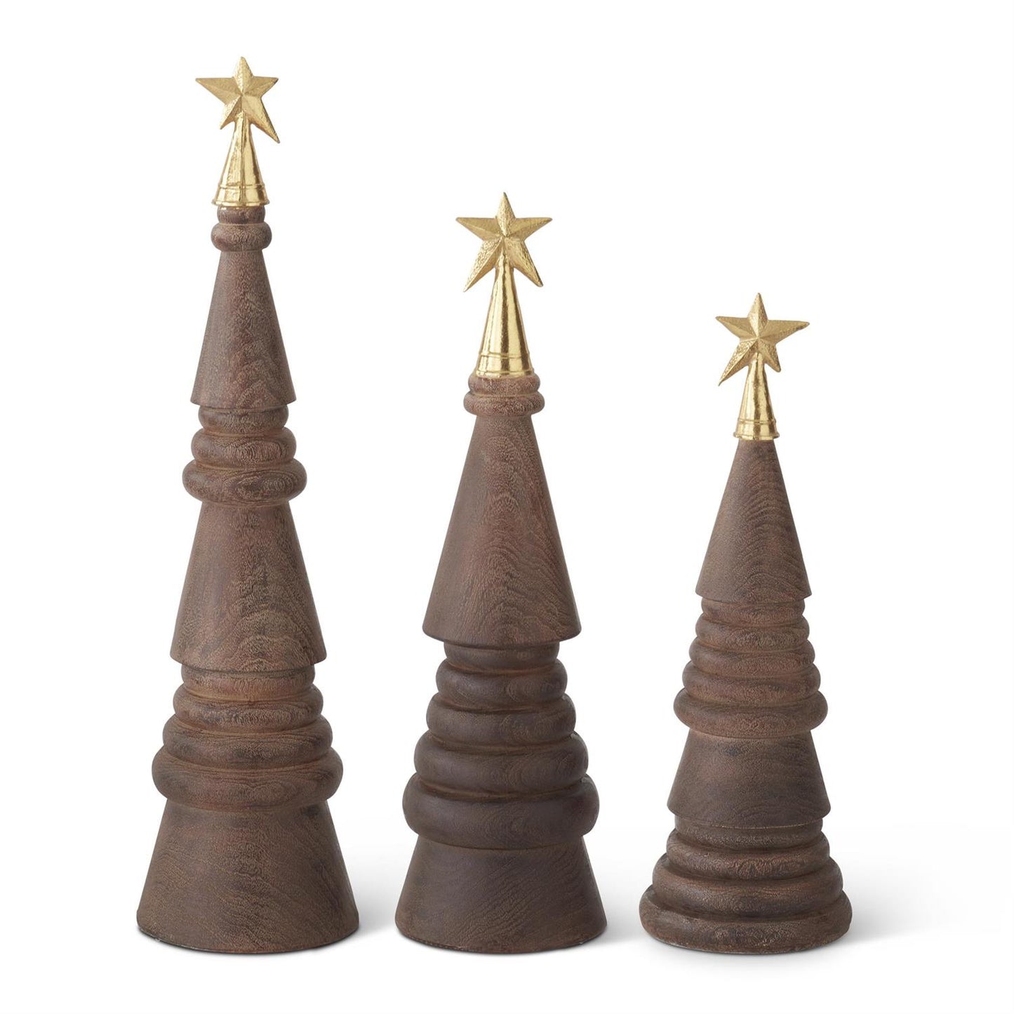 Set of 3 Brown Resin Woodgrain Christmas Trees w/Gold Stars