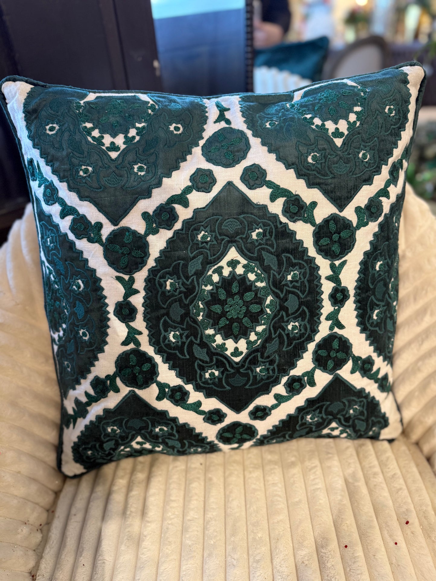 Green Velvet & Linen Embroidered Pillow