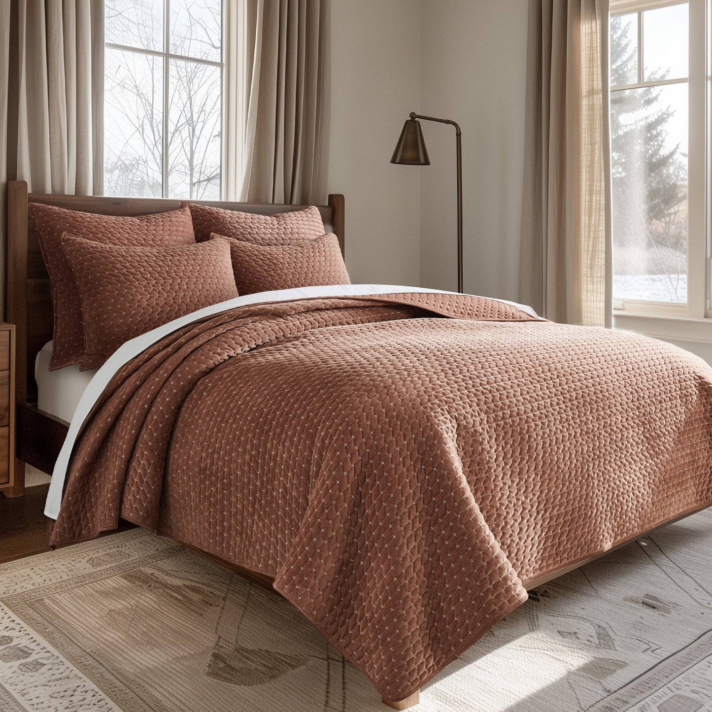 Rust King Velvet Stitch Quilt Set