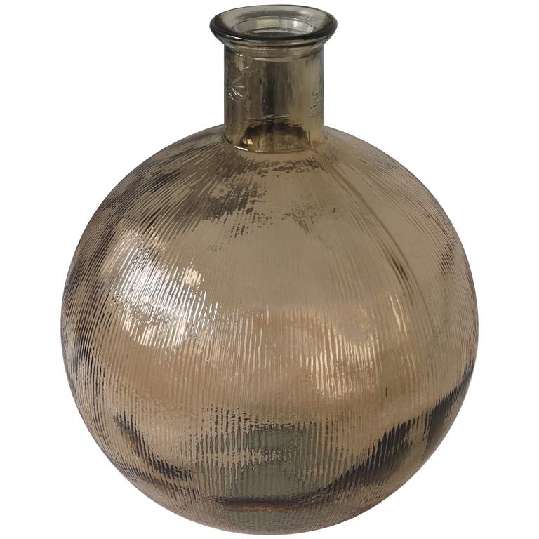 Short Brown Glass Ribbed Spanish Bottle Vase