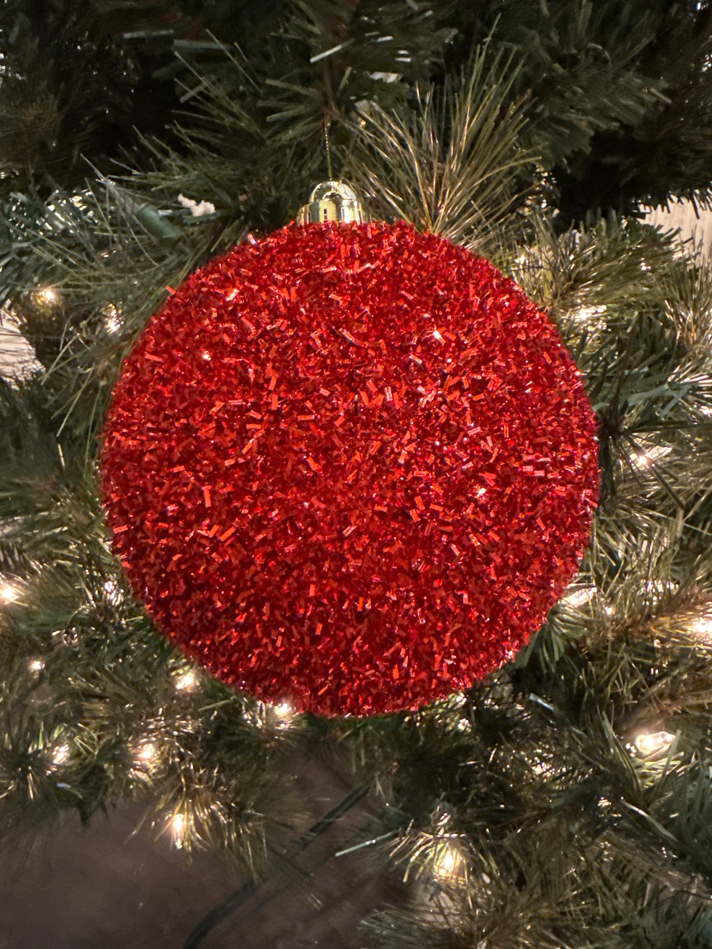 140MM Tinsel Ball Ornament, Red