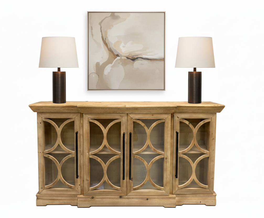 Wooden cabinet with decorative glass panels on a white background