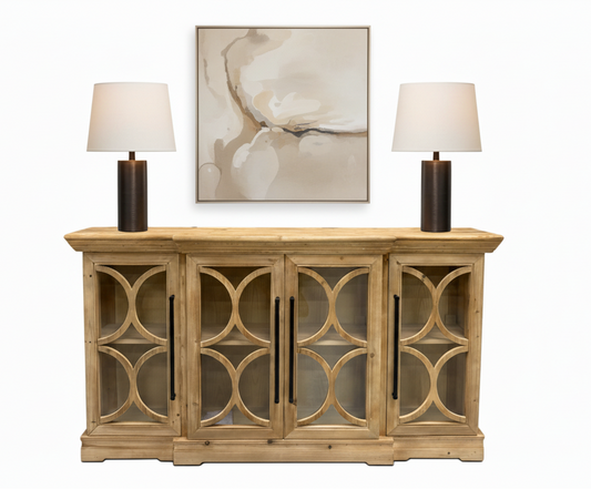 Wooden cabinet with decorative glass panels on a white background