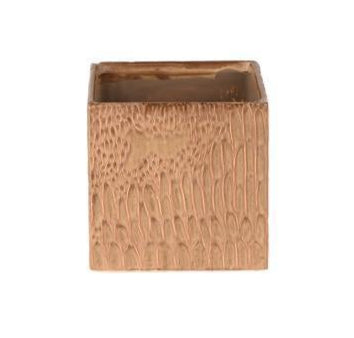 5.25"SQ Grooved Stoneware Cube, Tan