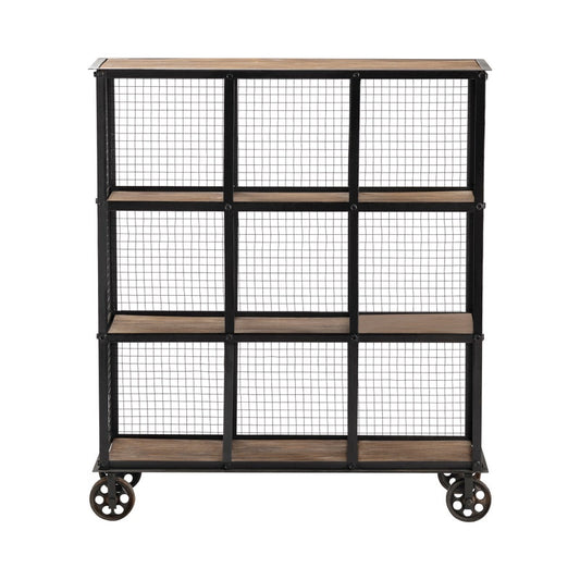 Industrial Wood and Metal Rolling Bookcase