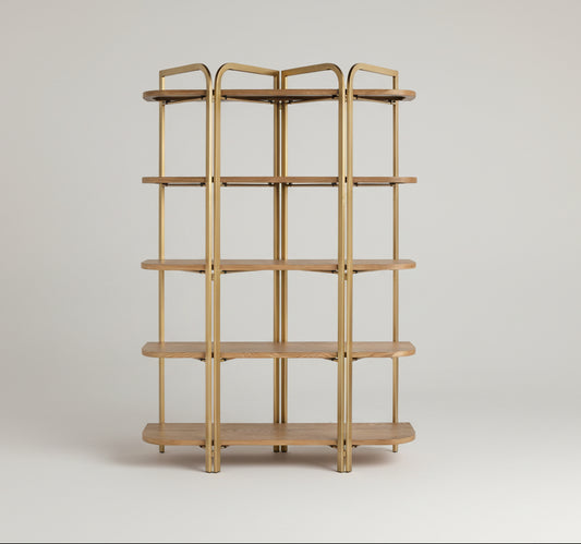 Gold metal shelf with multiple shelves on a white background