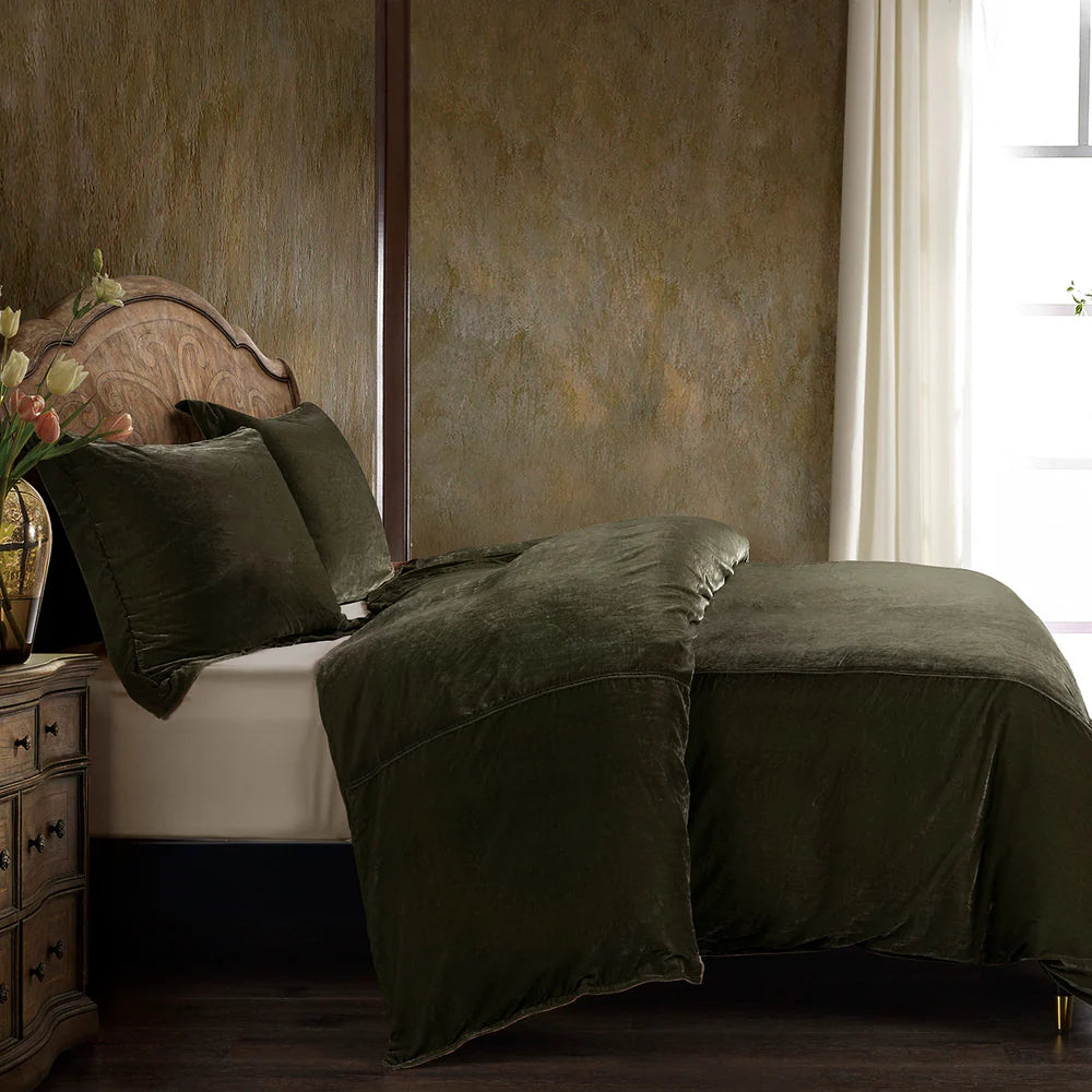 Stella Silk Velvet Duvet Cover Set, Fern Green (Various Sizes)