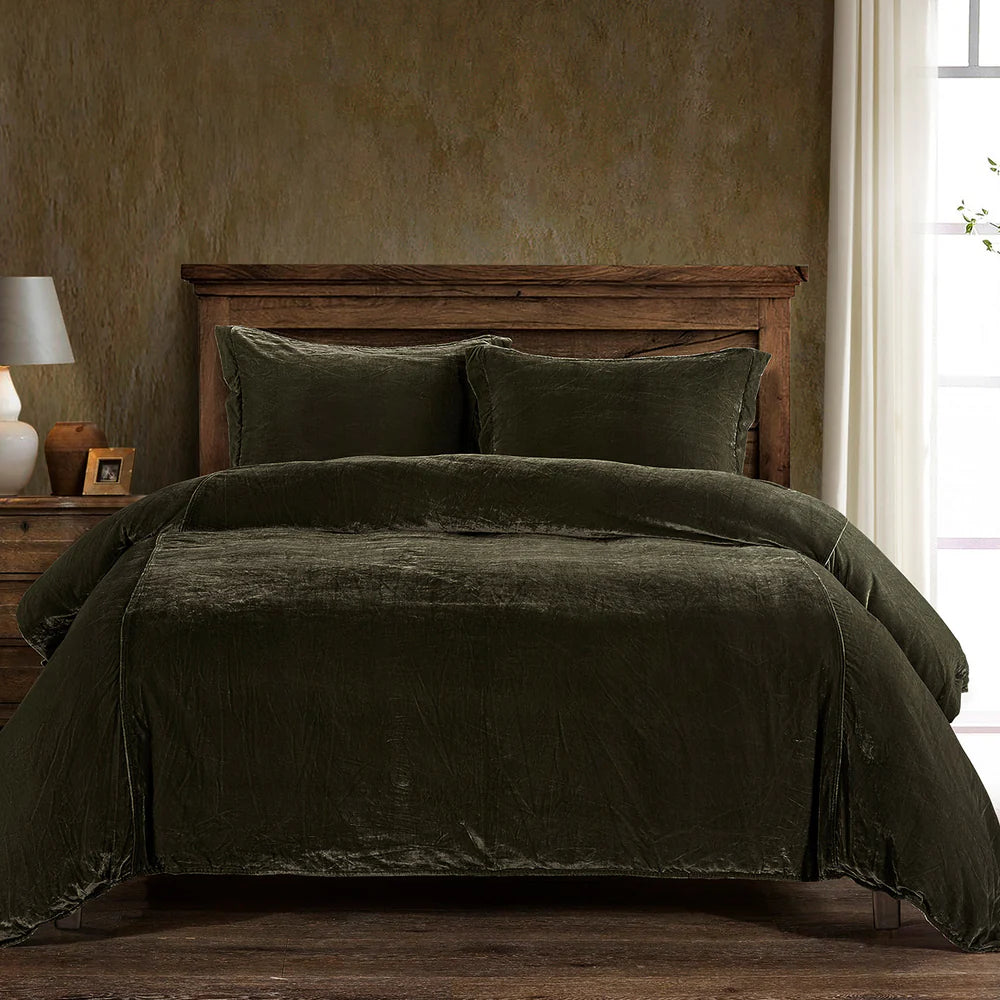 Stella Silk Velvet Duvet Cover Set, Fern Green (Various Sizes)