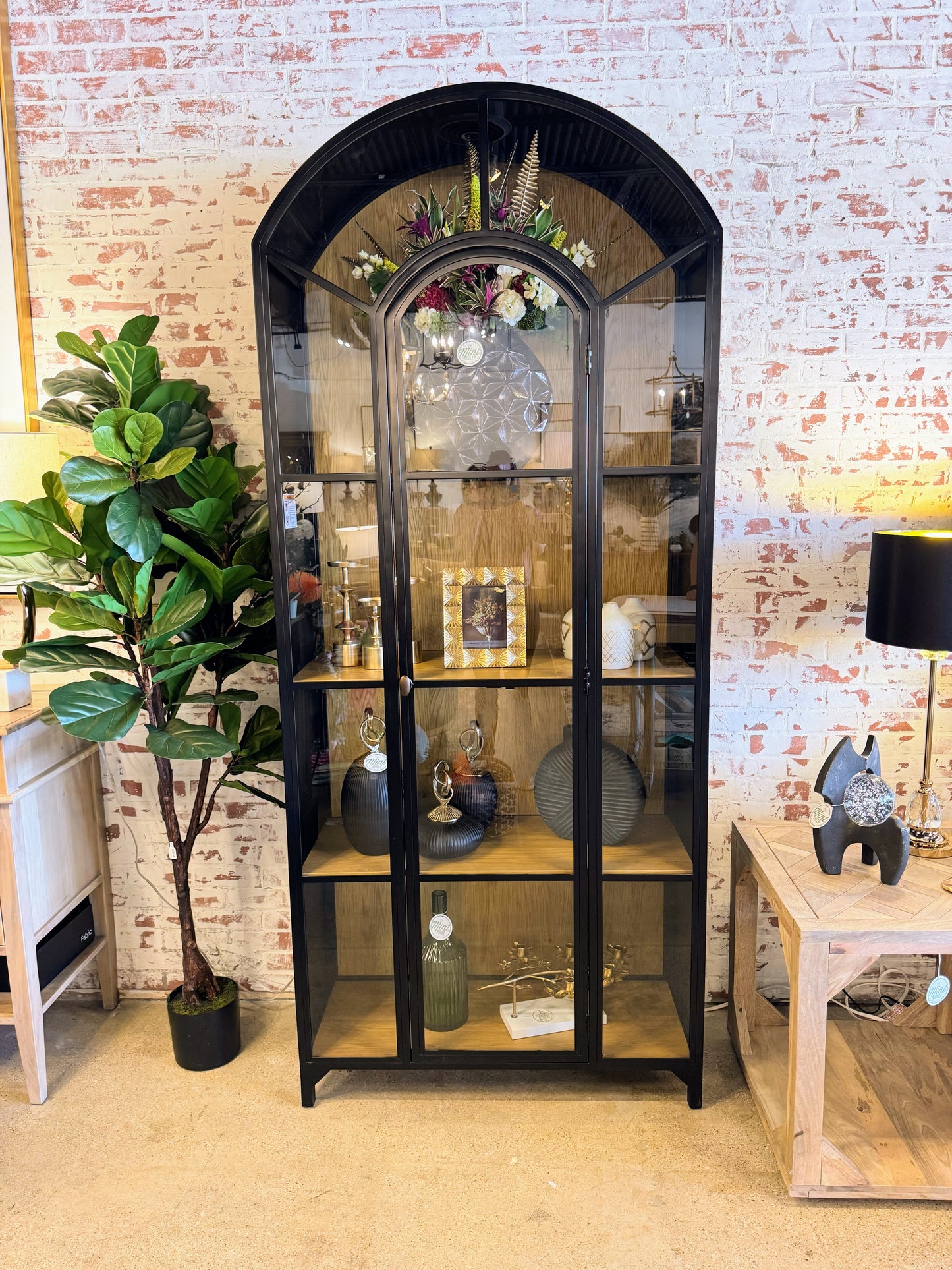 Belaire Iron Arched Cabinet, Black and Wood