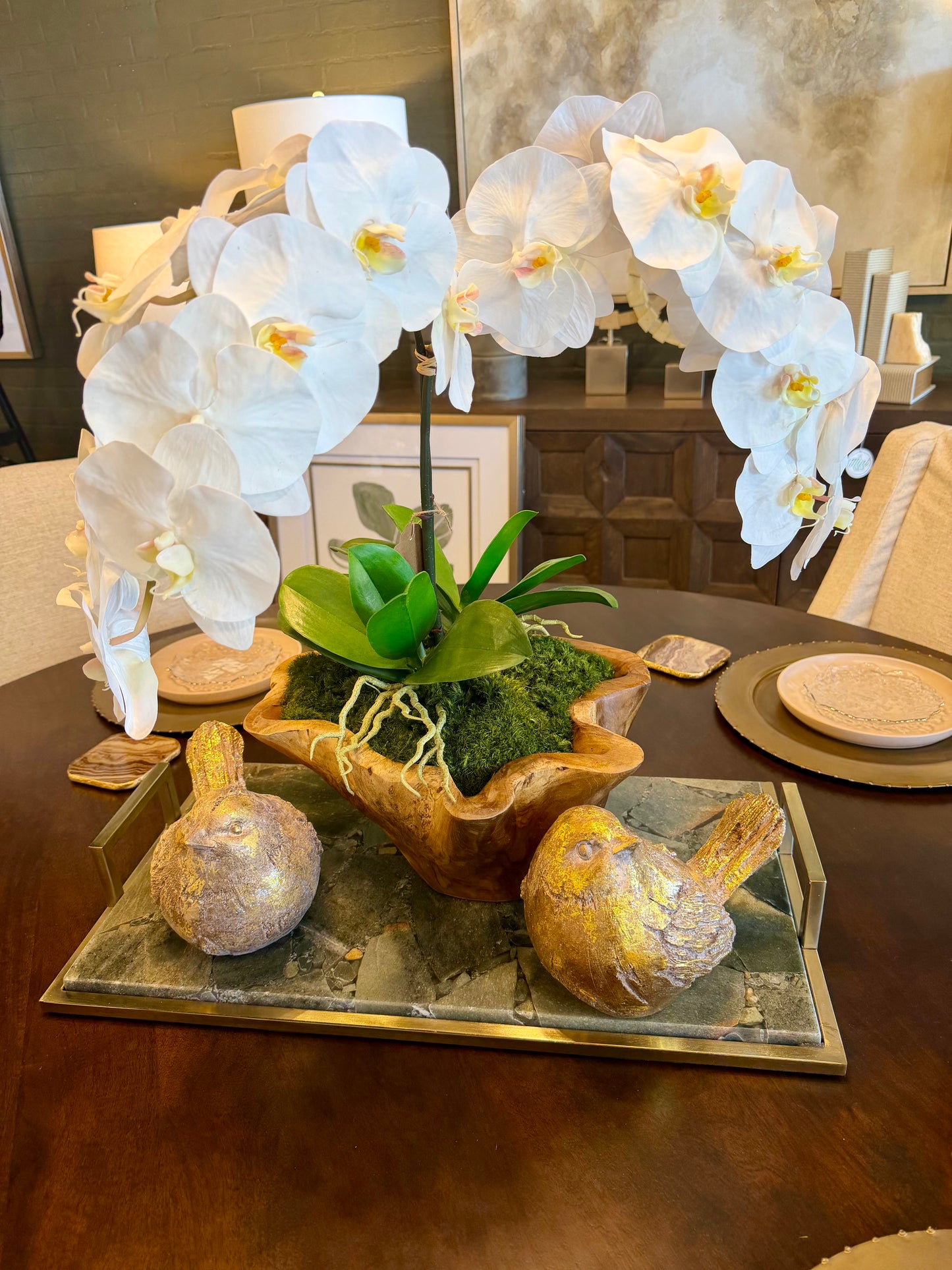 Orchid Arrangement In Teak Wood Bowl