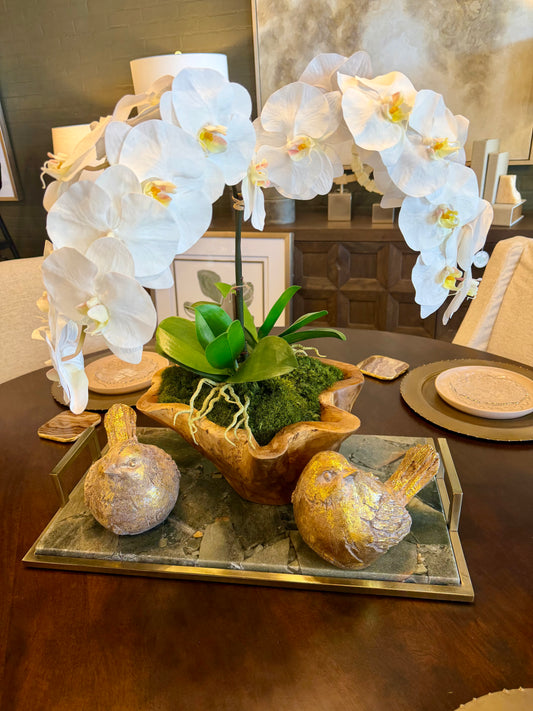 Orchid Arrangement In Teak Wood Bowl