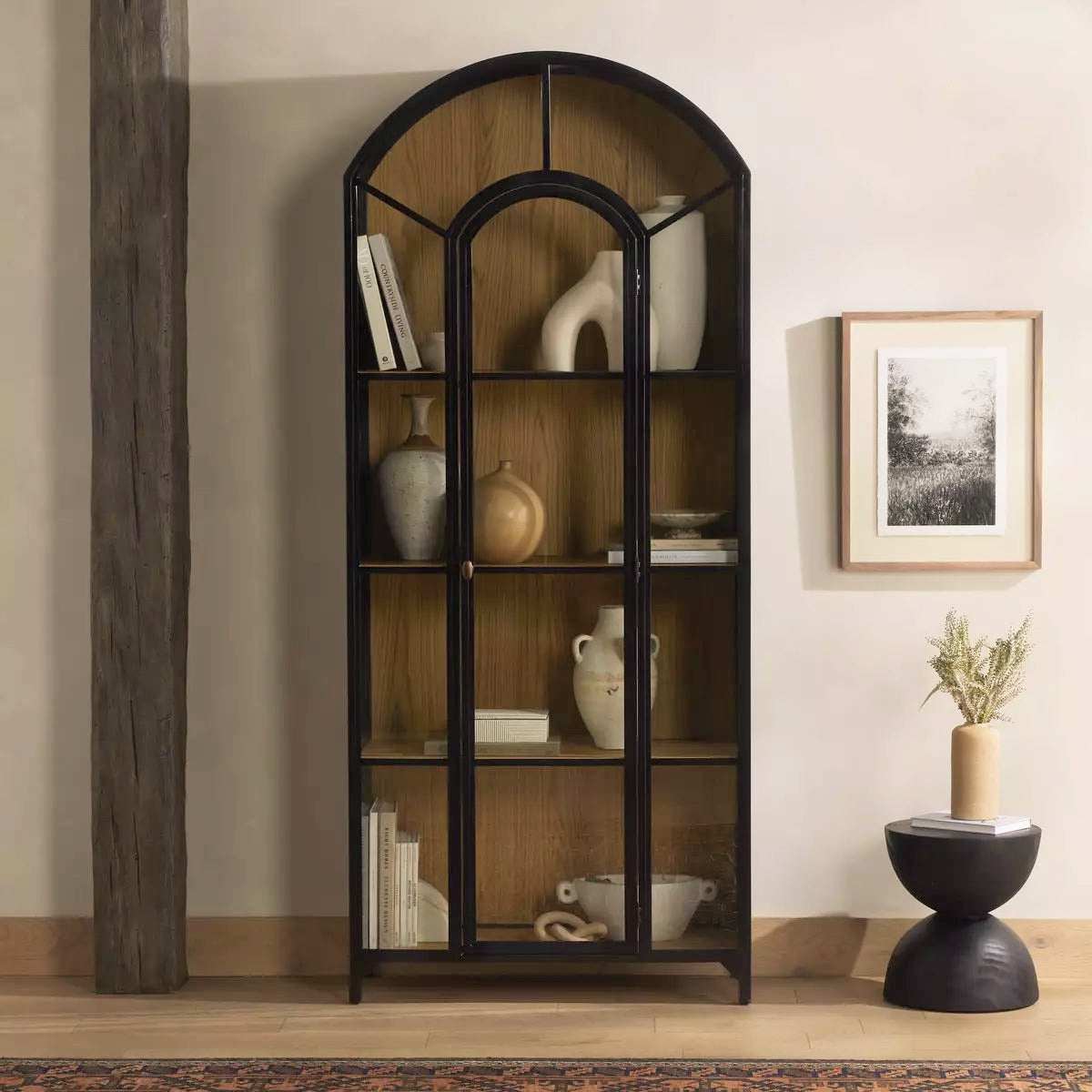 Belaire Iron Arched Cabinet, Black and Wood