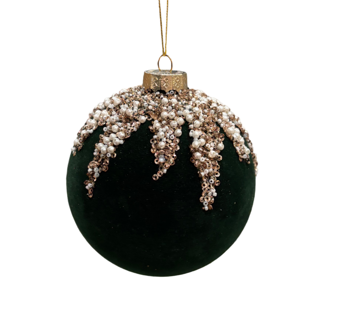 Flocking & Bead Glass Ball Ornament, Hunter Green