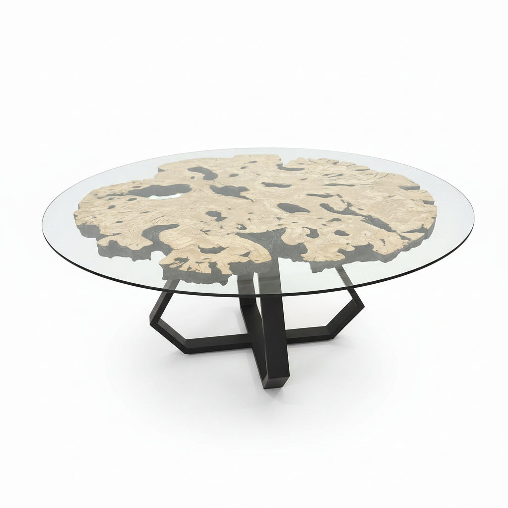 Round glass table with a decorative surface in a store setting