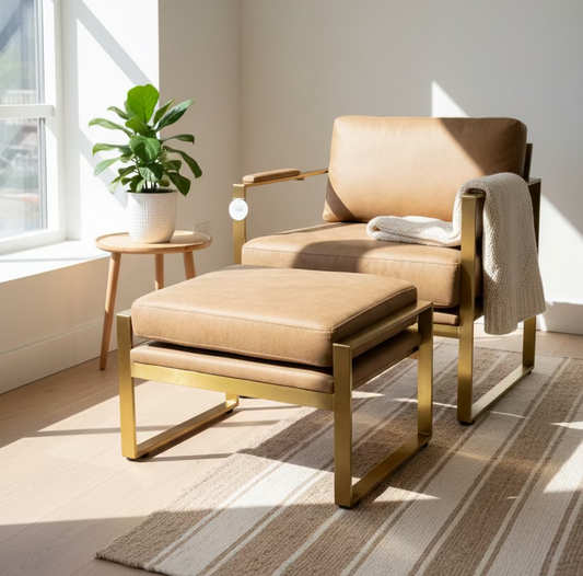 Brown chair with matching ottoman on a white background
