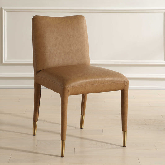 Camel leather dining chair with gold metal base on legs