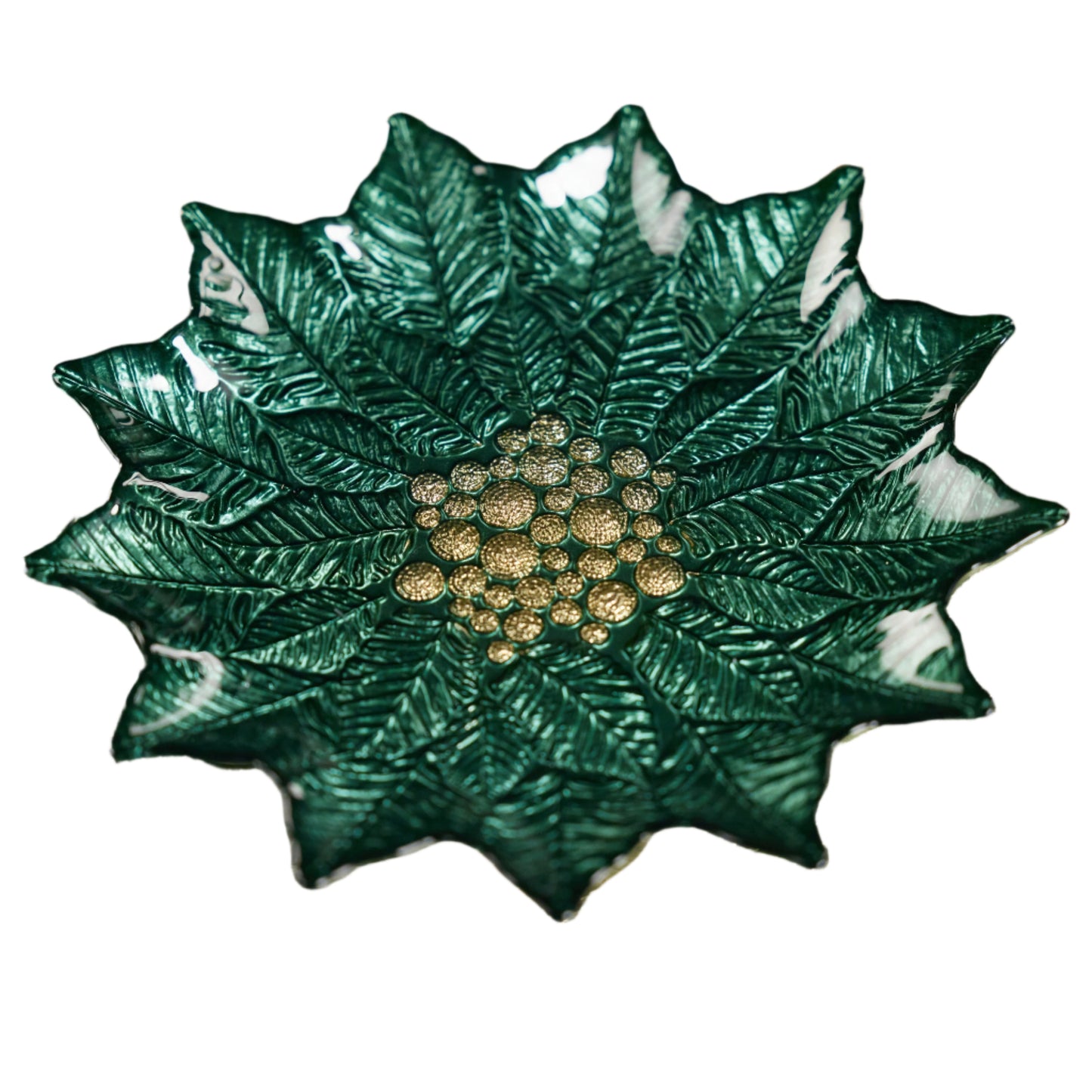 Poinsettia Glass Plate,Green/Gold