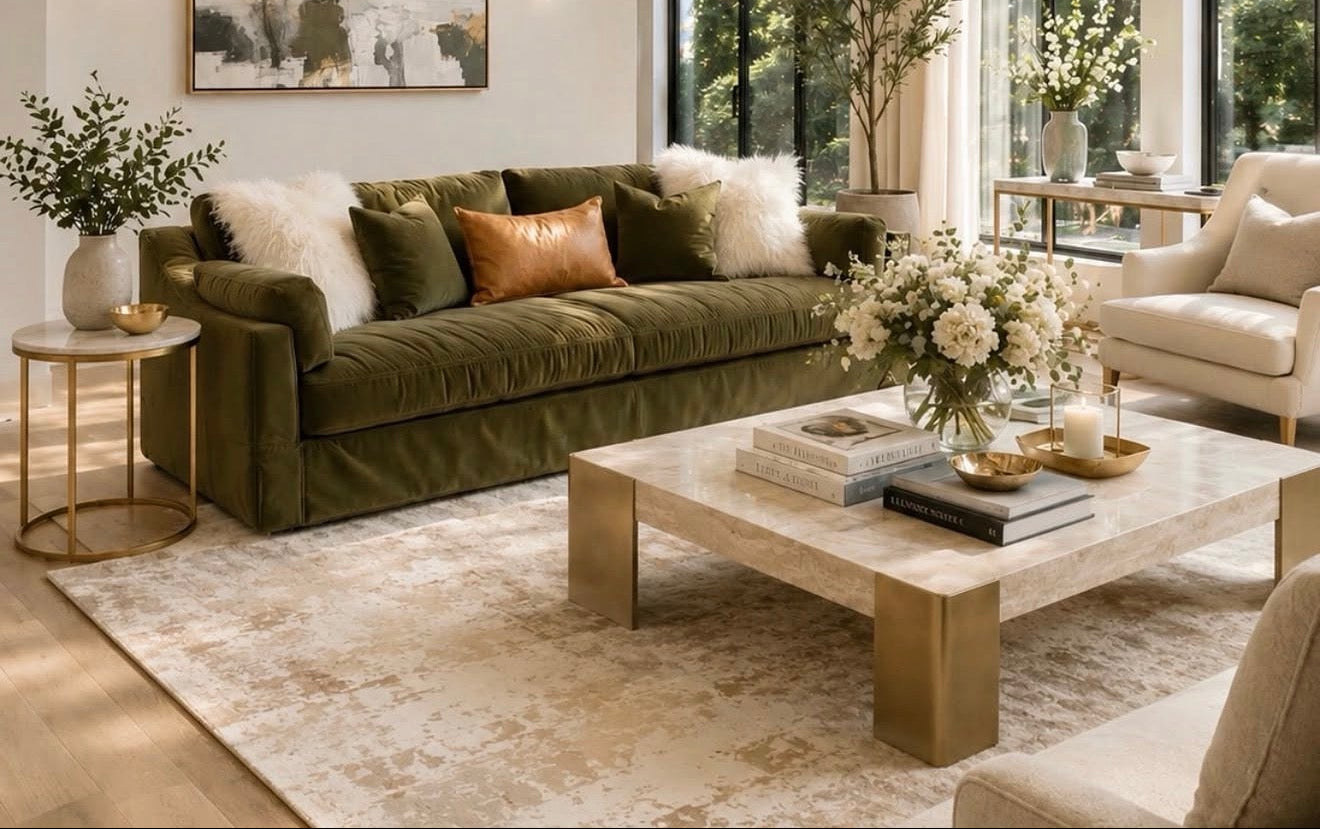 A modern living room featuring a plush olive green velvet sofa as the main furniture piece, styled with white and rust accent pillows, a marble coffee table, a textured beige rug, and a large abstract painting on the wall.
