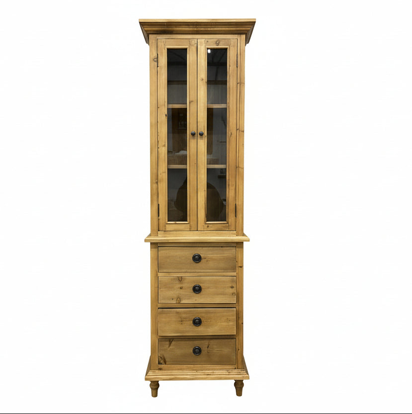 Tall wooden cabinet with glass doors and drawers on a gray background