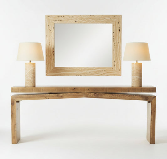 Wooden sofa or console table with mirror and two lamps on a white background