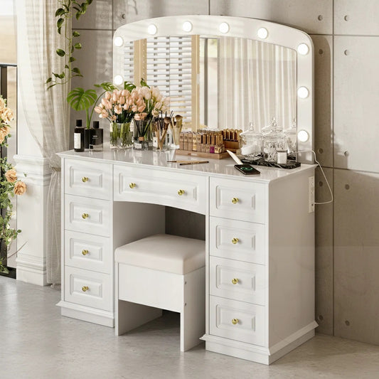 9-Drawer Makeup Vanity w/ 10 Hollywood Bulbs and Stool