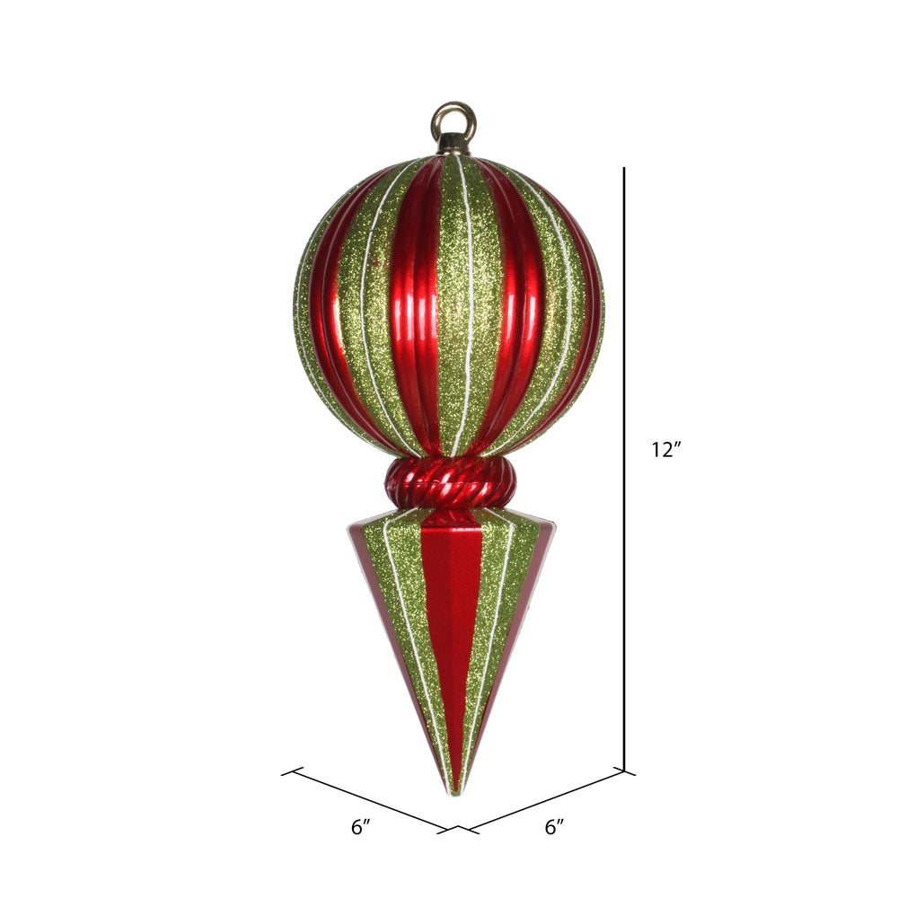 12" Red/Lime Striped Ball Finial Ornament