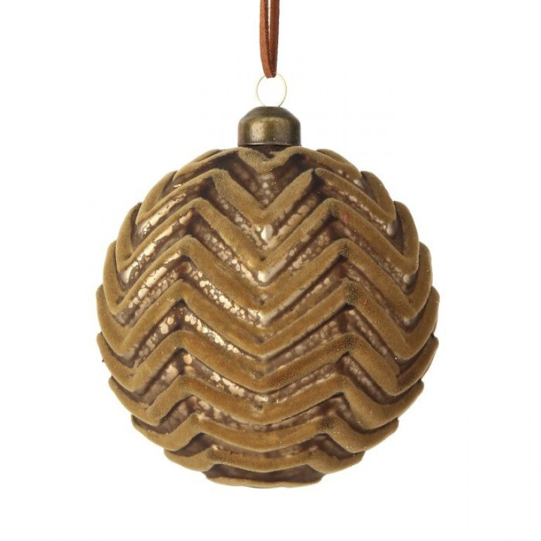 4" Glass Velvet Chevron Ball Ornament, Taupe
