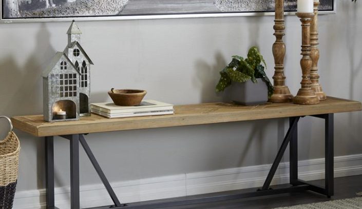 65" Brown Wood Bench, Black Metal Base