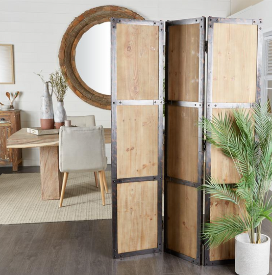 Rustic wooden room divider with metal edges