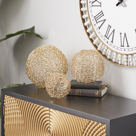 Gold Metal Orb Sculptures, Set of 3