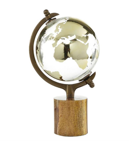 Gold and Wood Globe w/ Brown Base