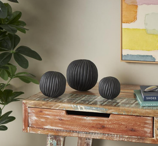 Black Teak Wood Hand Carved Orbs, Set of 3