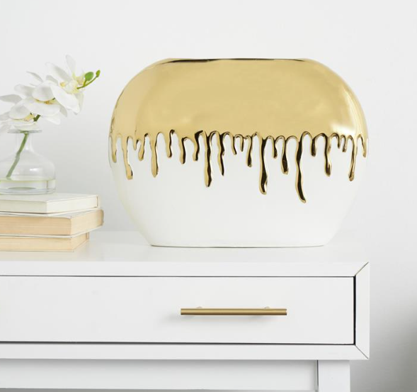 White Ceramic Vase w/ Gold Drips