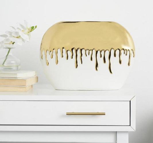 White Ceramic Vase w/ Gold Drips